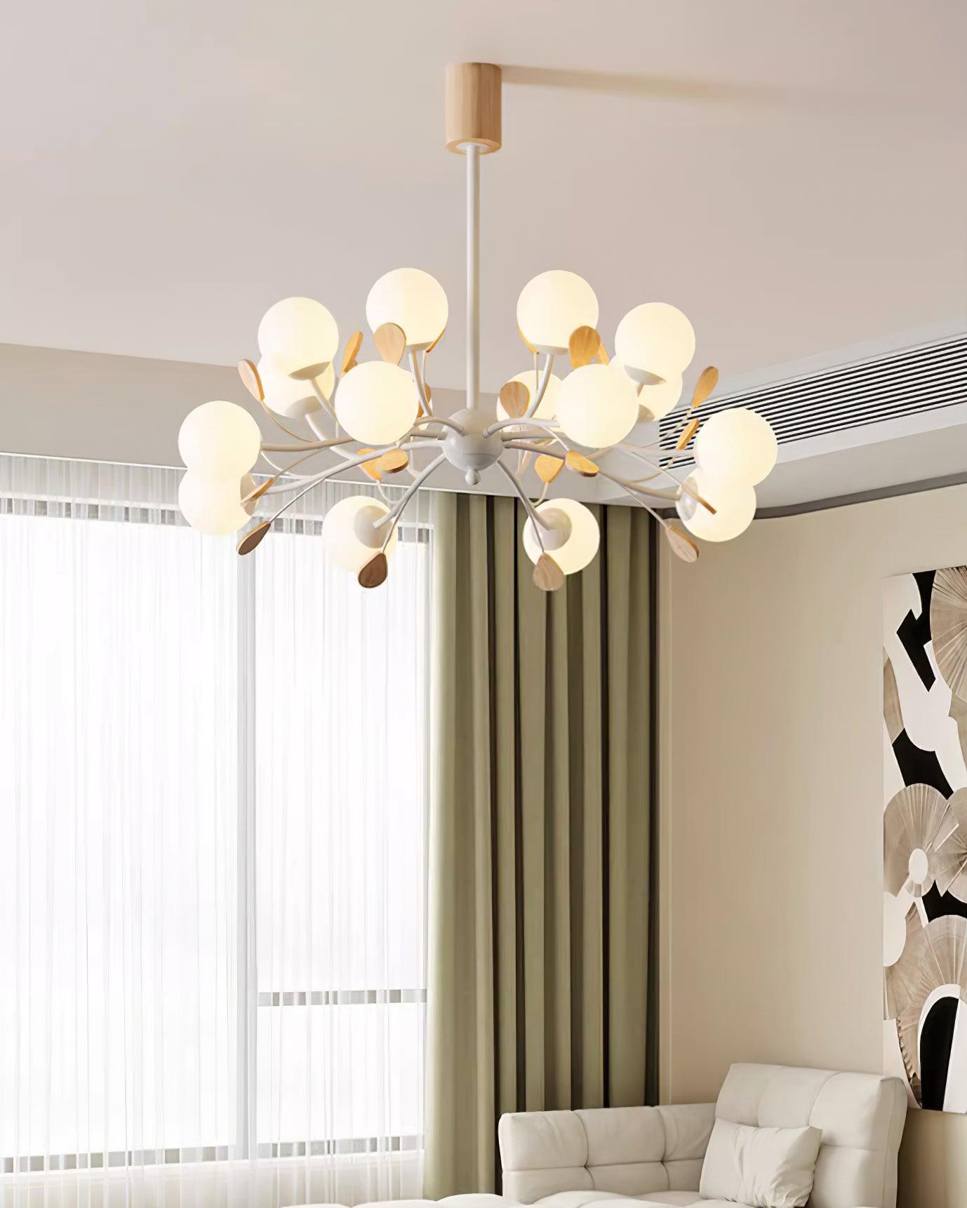 Anaïs Wood Chandelier, Frosted Glass Shades with Metal Frame