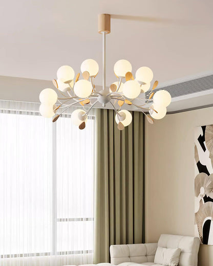 Anaïs Wood Chandelier, Frosted Glass Shades with Metal Frame