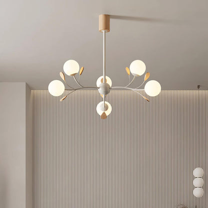 Anaïs Wood Chandelier, Frosted Glass Shades with Metal Frame