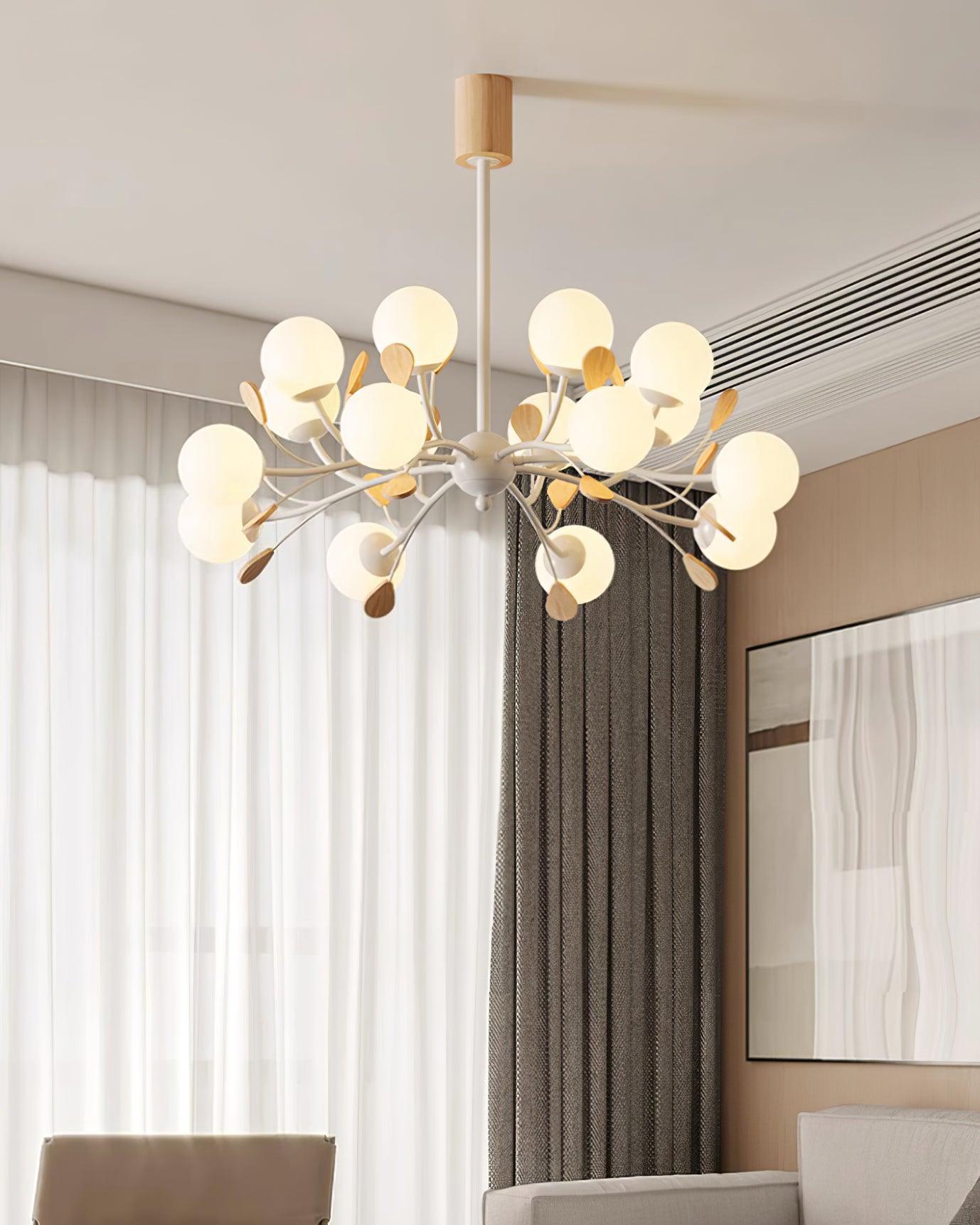 Anaïs Wood Chandelier, Frosted Glass Shades with Metal Frame
