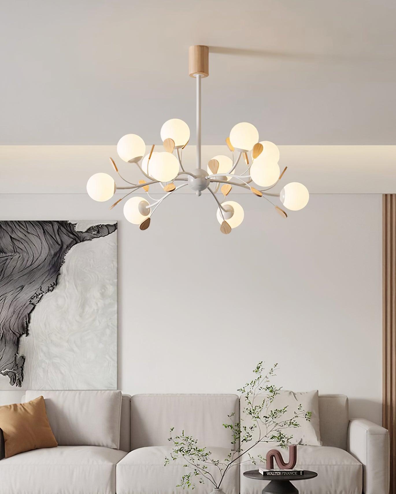 Anaïs Wood Chandelier, Frosted Glass Shades with Metal Frame