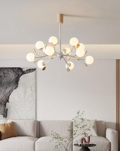 Anaïs Wood Chandelier, Frosted Glass Shades with Metal Frame