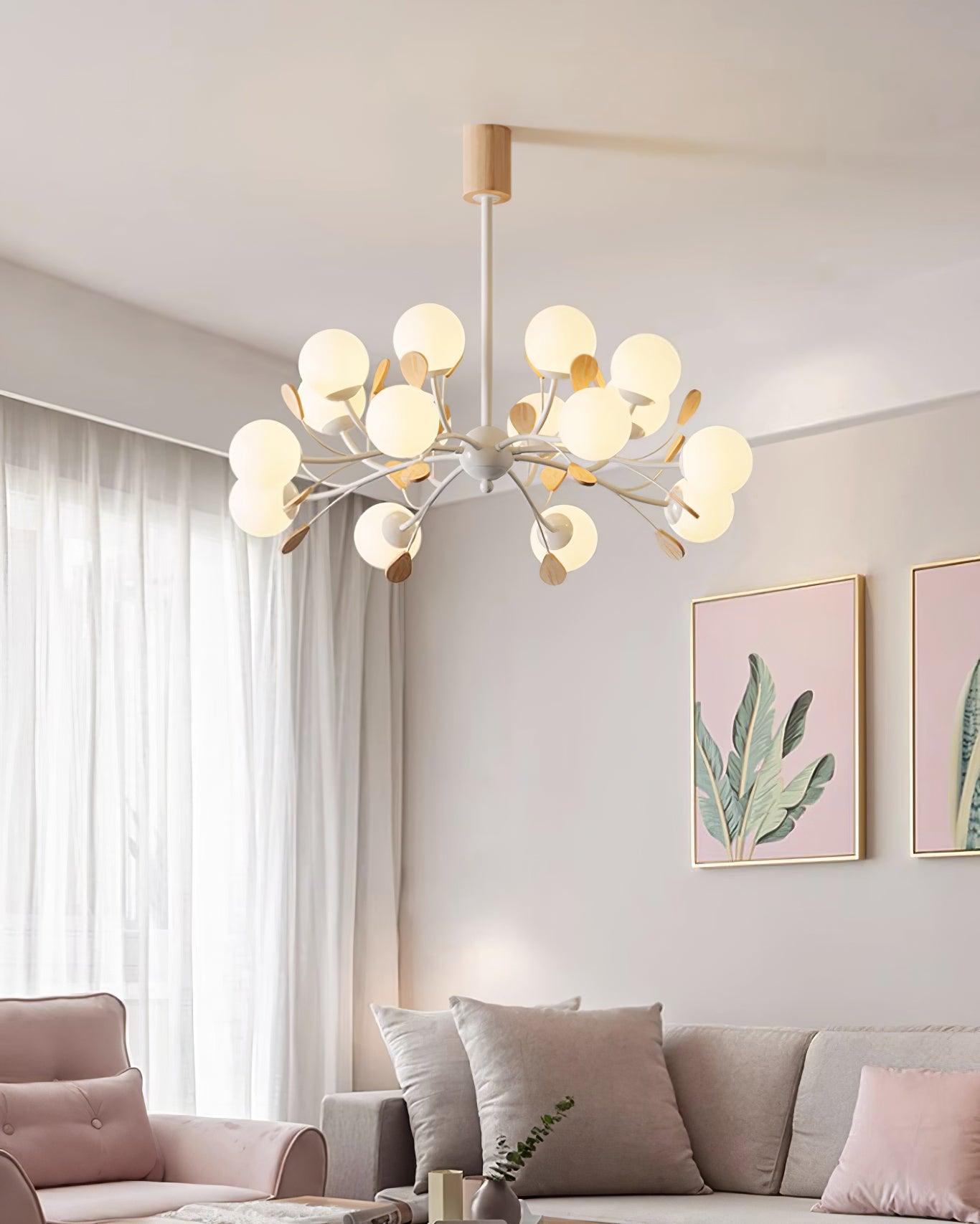 Anaïs Wood Chandelier, Frosted Glass Shades with Metal Frame