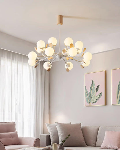 Anaïs Wood Chandelier, Frosted Glass Shades with Metal Frame