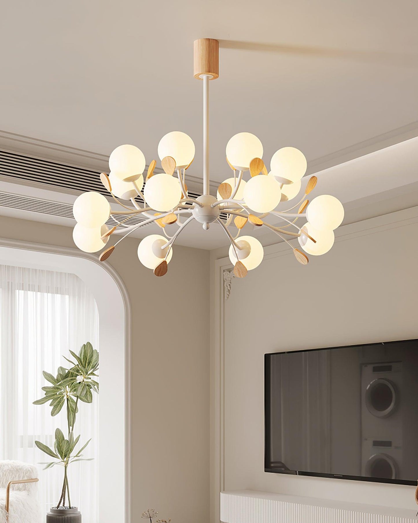 Anaïs Wood Chandelier, Frosted Glass Shades with Metal Frame