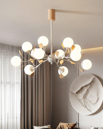 Anaïs Wood Chandelier, Frosted Glass Shades with Metal Frame