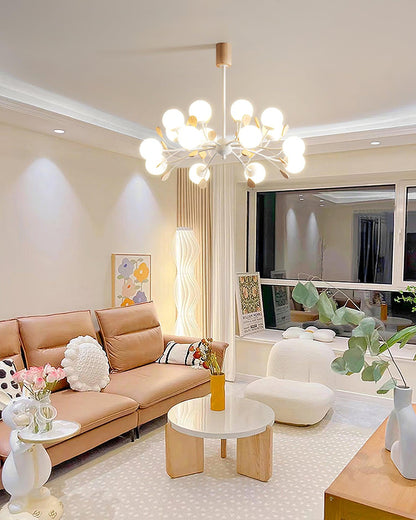 Anaïs Wood Chandelier, Frosted Glass Shades with Metal Frame