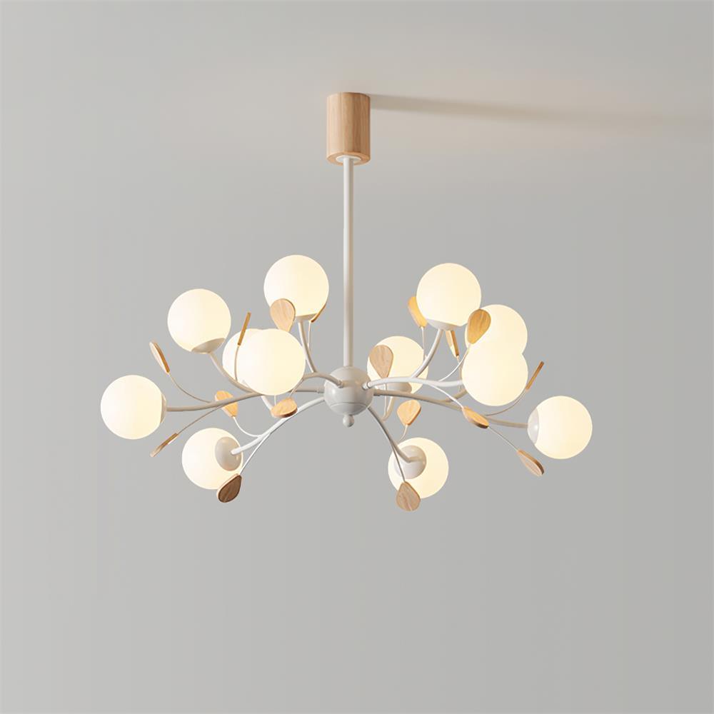 Anaïs Wood Chandelier, Frosted Glass Shades with Metal Frame