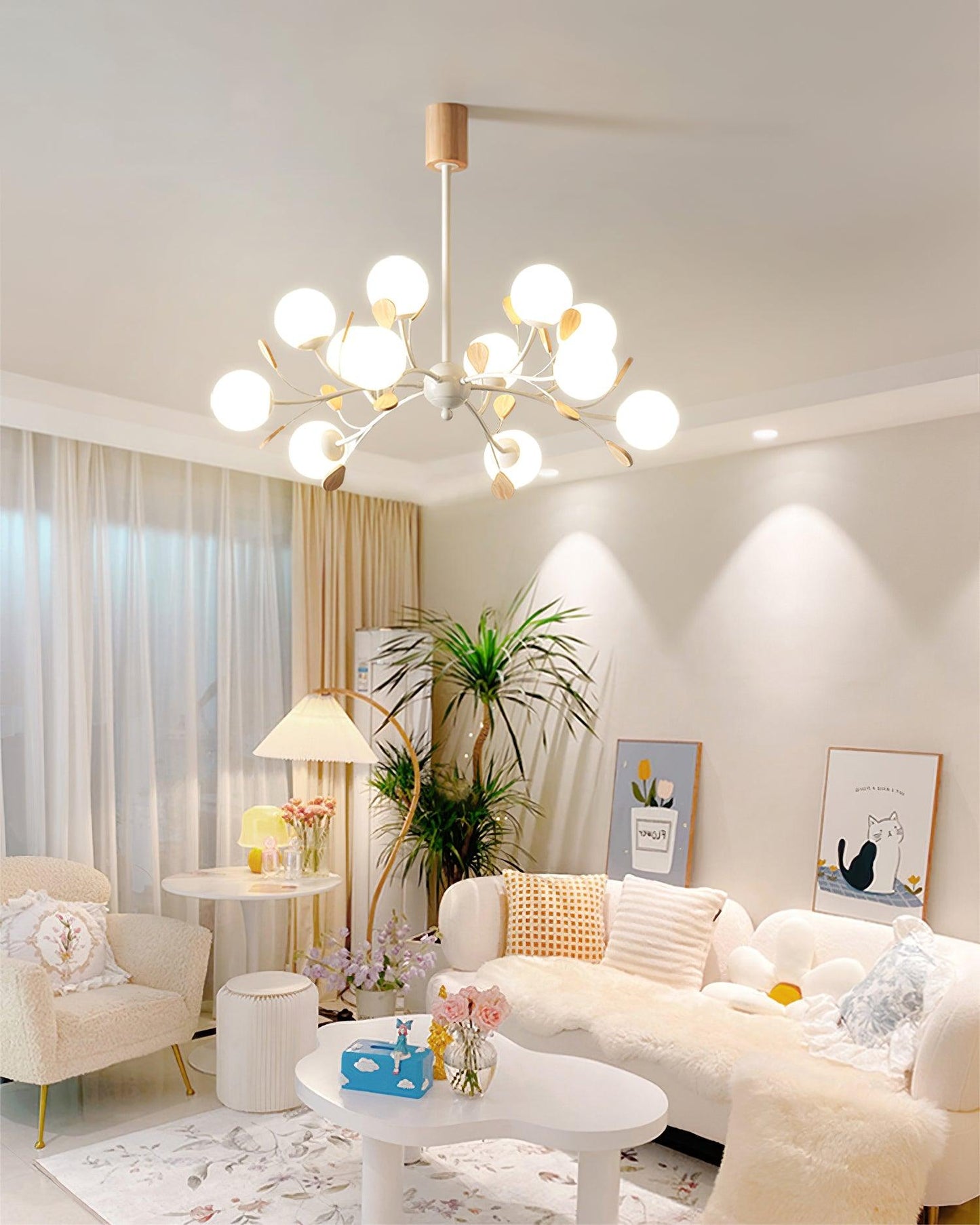 Anaïs Wood Chandelier, Frosted Glass Shades with Metal Frame