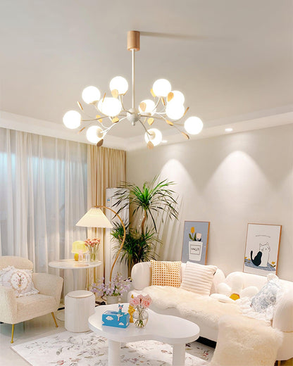 Anaïs Wood Chandelier, Frosted Glass Shades with Metal Frame