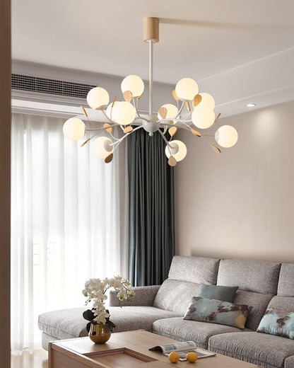 Anaïs Wood Chandelier, Frosted Glass Shades with Metal Frame