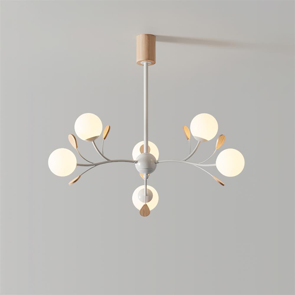 Anaïs Wood Chandelier, Frosted Glass Shades with Metal Frame