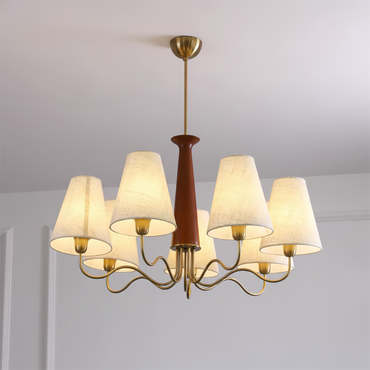 Eléonore Chandelier, Metal Frame with Linen Shades and Wood Accent