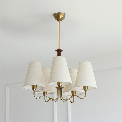 Eléonore Chandelier, Metal Frame with Linen Shades and Wood Accent