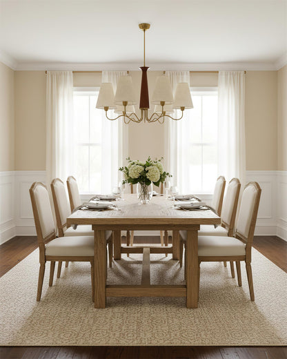 Eléonore Chandelier, Metal Frame with Linen Shades and Wood Accent