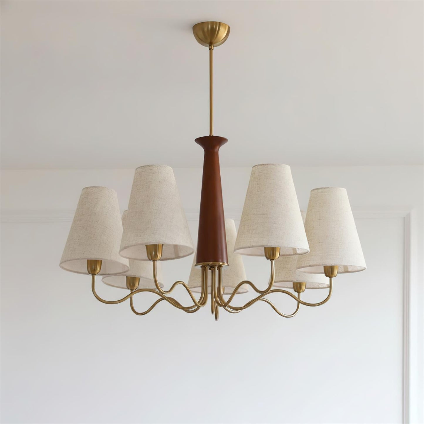 Eléonore Chandelier, Metal Frame with Linen Shades and Wood Accent