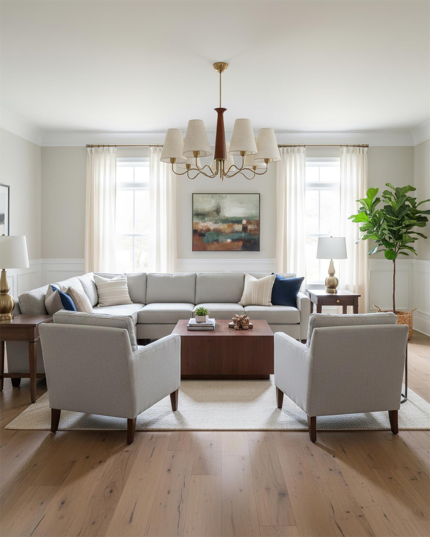 Eléonore Chandelier, Metal Frame with Linen Shades and Wood Accent
