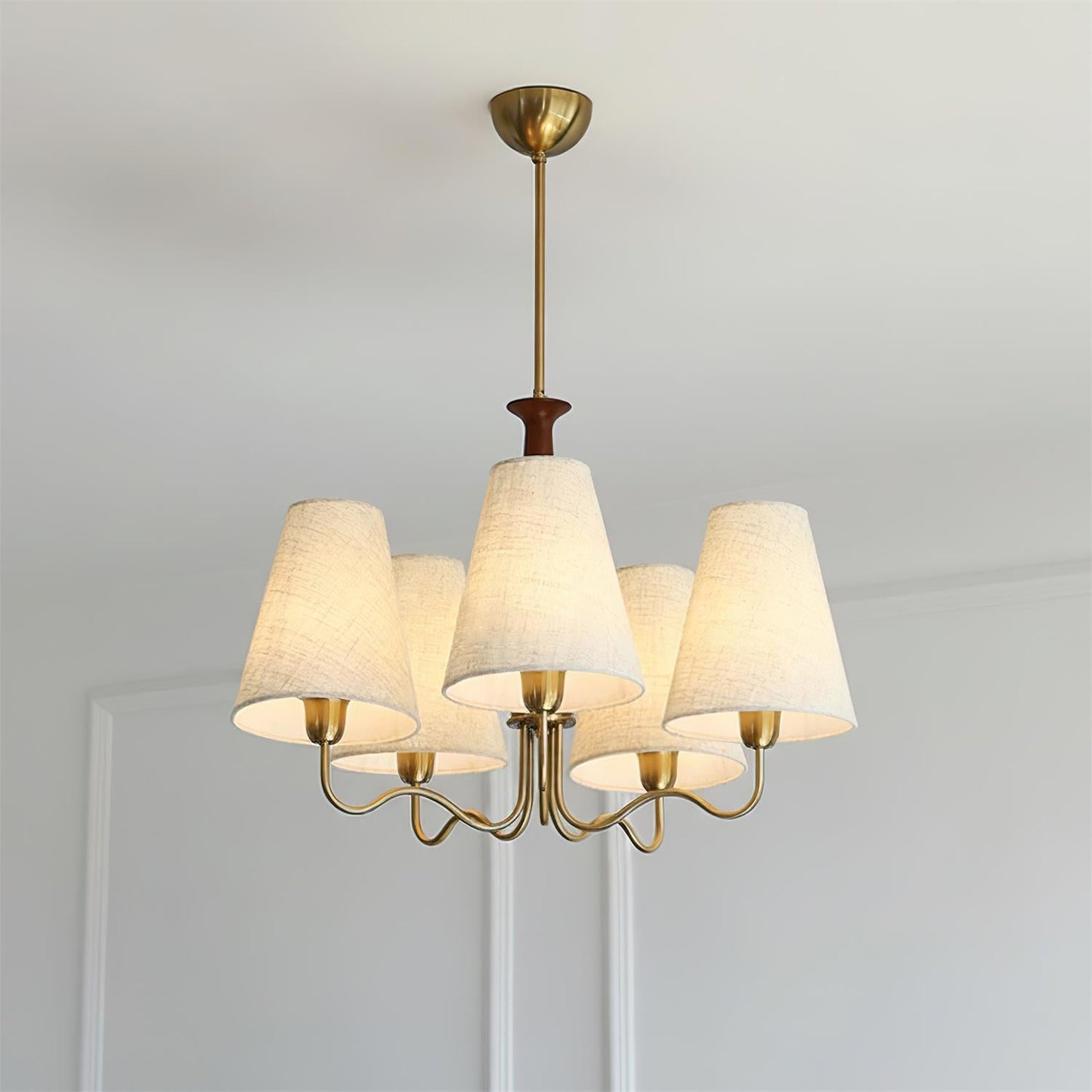 Eléonore Chandelier, Metal Frame with Linen Shades and Wood Accent