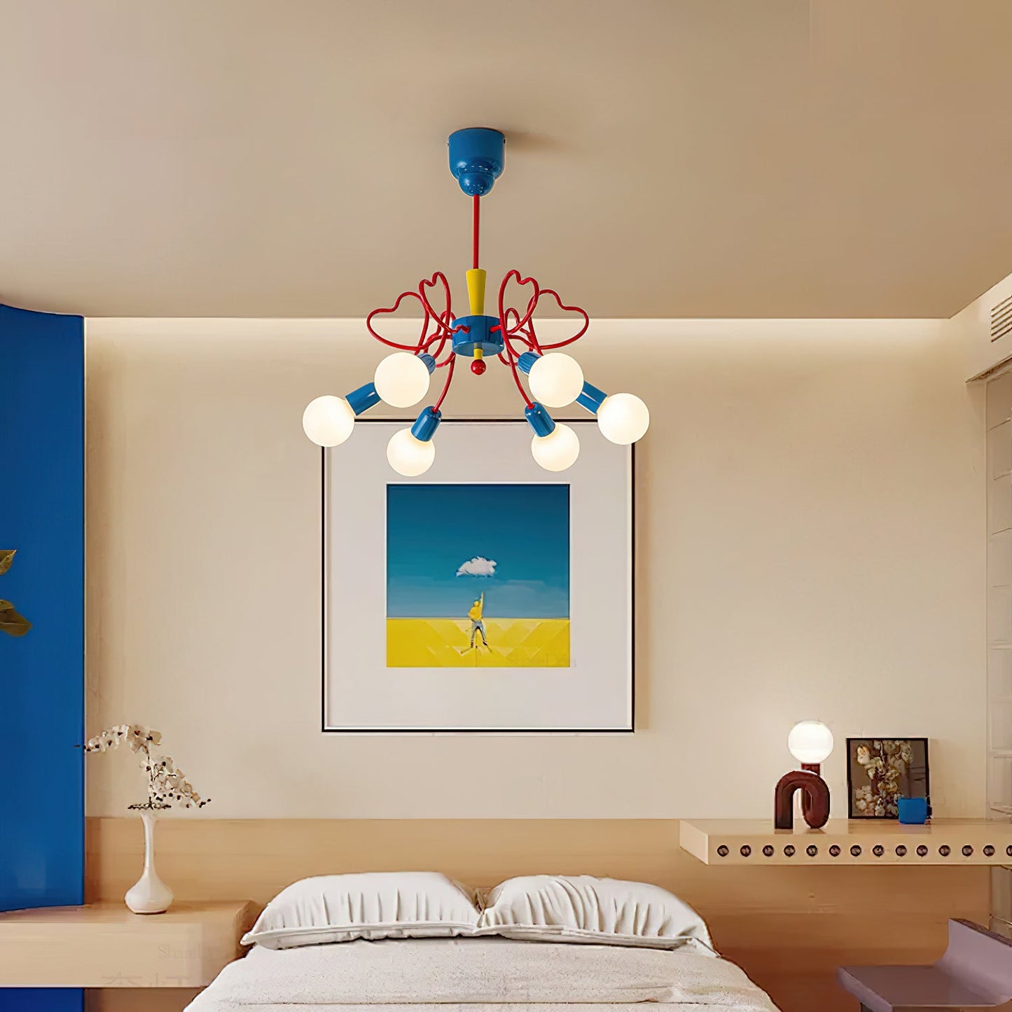 Léa Colorful Chandelier, Frosted Globes with Artistic Metal Arms