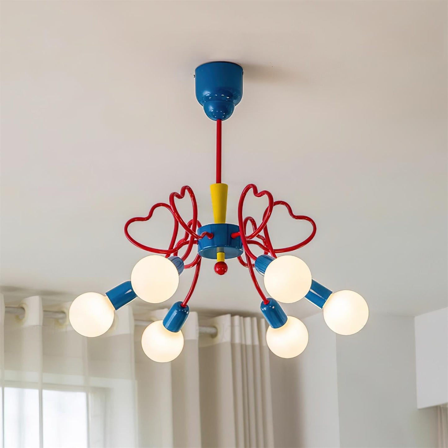 Léa Colorful Chandelier, Frosted Globes with Artistic Metal Arms