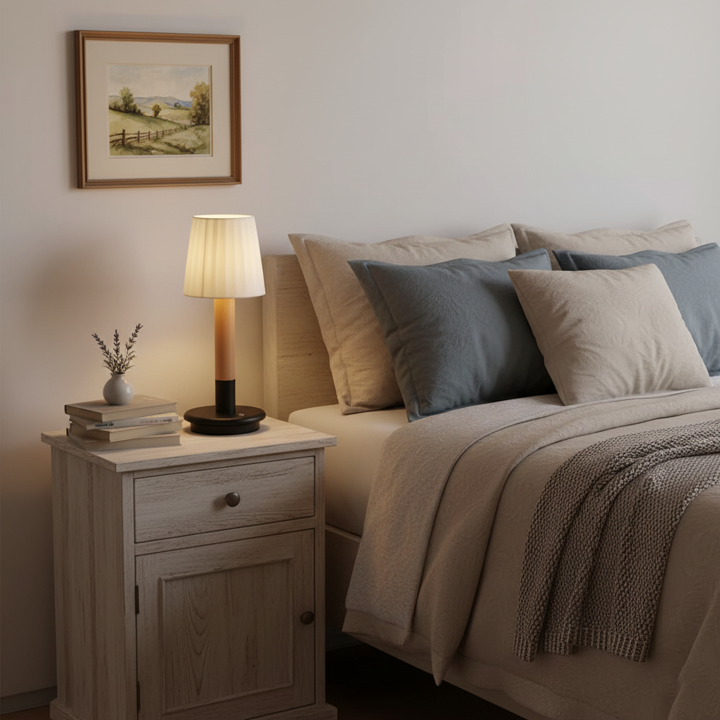 Amelie Portable Wooden LED Table Lamp with Fabric Shade