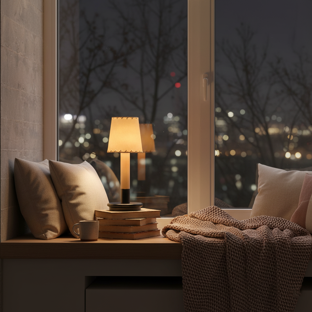 Amelie Portable Wooden LED Table Lamp with Fabric Shade