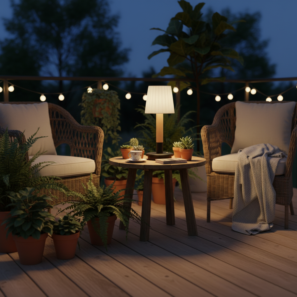 Amelie Portable Wooden LED Table Lamp with Fabric Shade