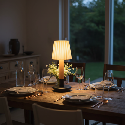 Amelie Portable Wooden LED Table Lamp with Fabric Shade