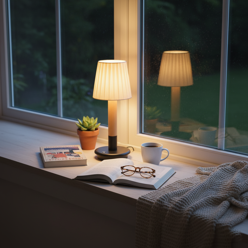 Amelie Portable Wooden LED Table Lamp with Fabric Shade