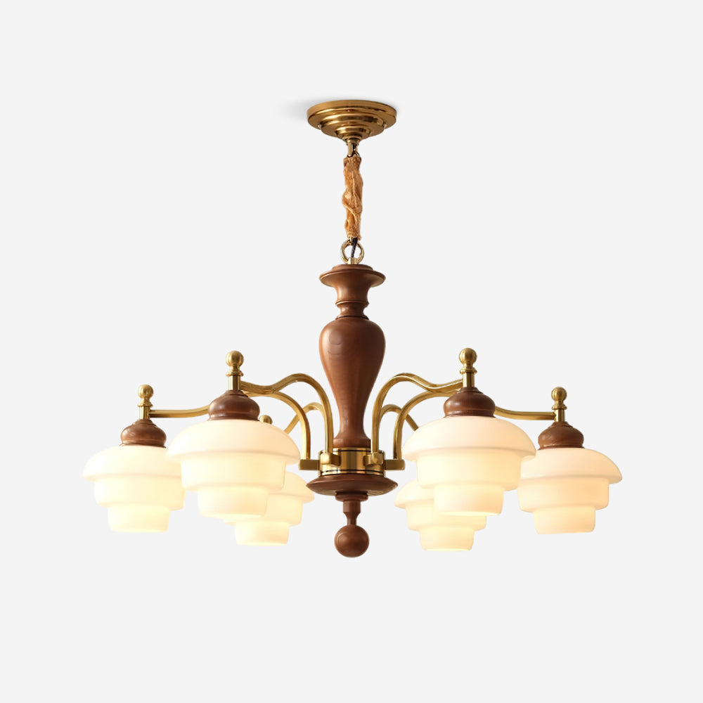Camille Tiered Chandelier, Wood and Metal with Frosted Glass Shades