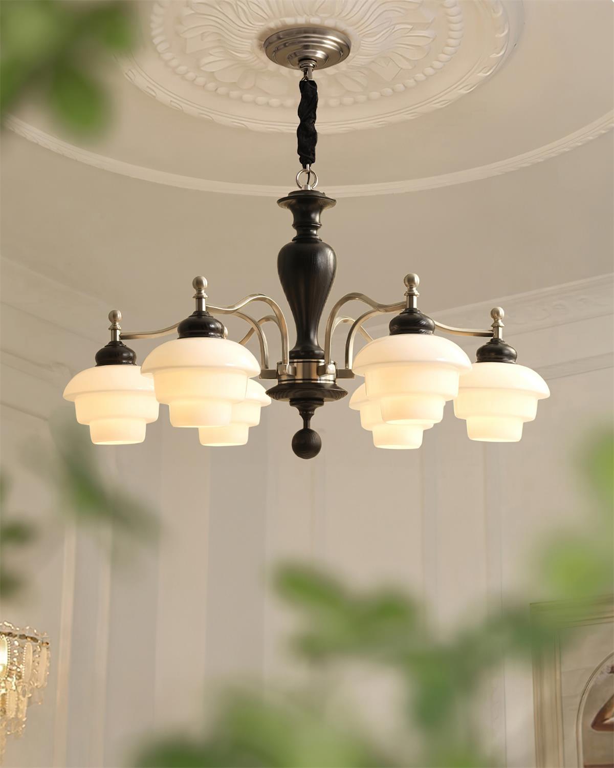 Camille Tiered Chandelier, Wood and Metal with Frosted Glass Shades