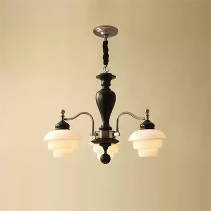 Camille Tiered Chandelier, Wood and Metal with Frosted Glass Shades