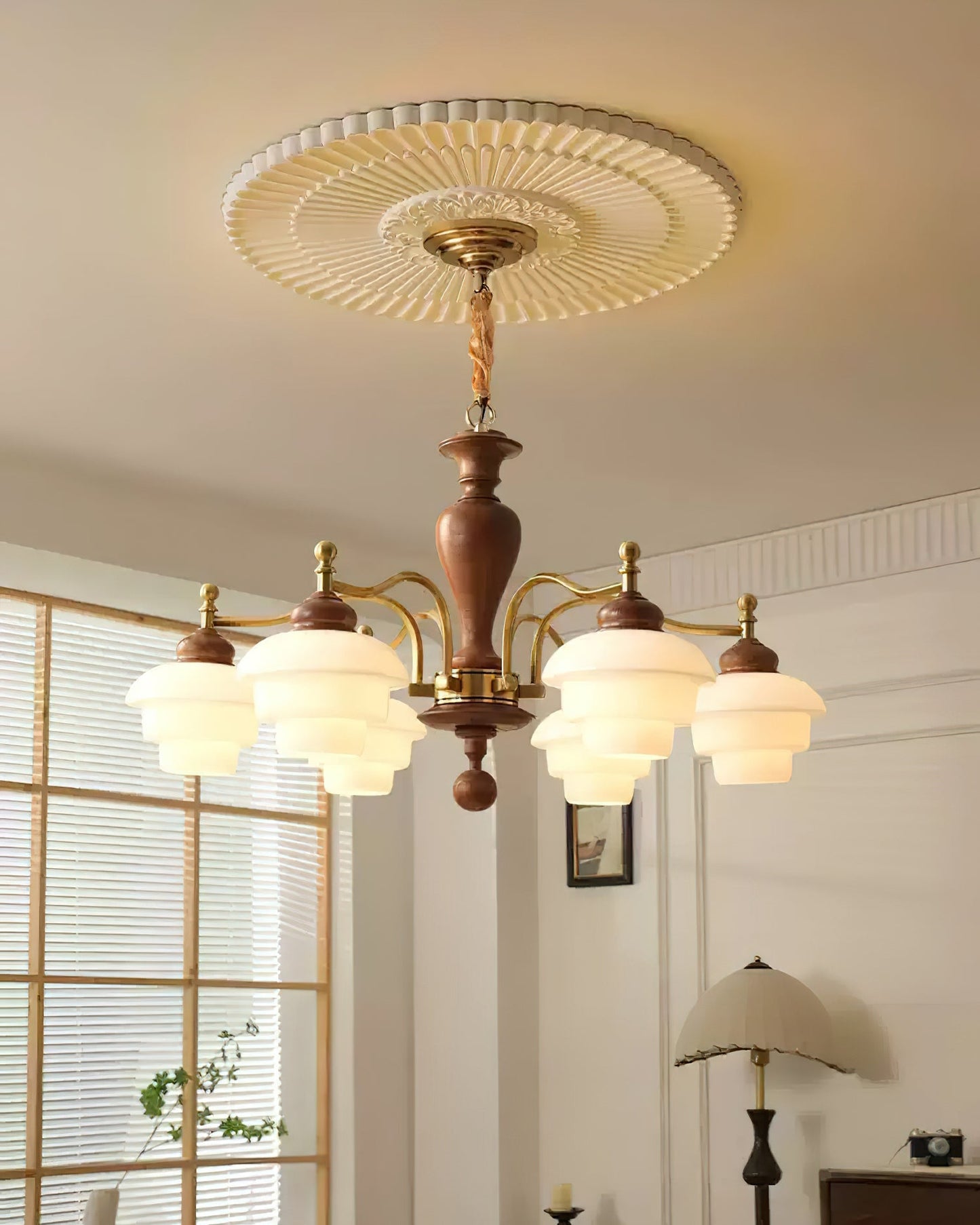 Camille Tiered Chandelier, Wood and Metal with Frosted Glass Shades