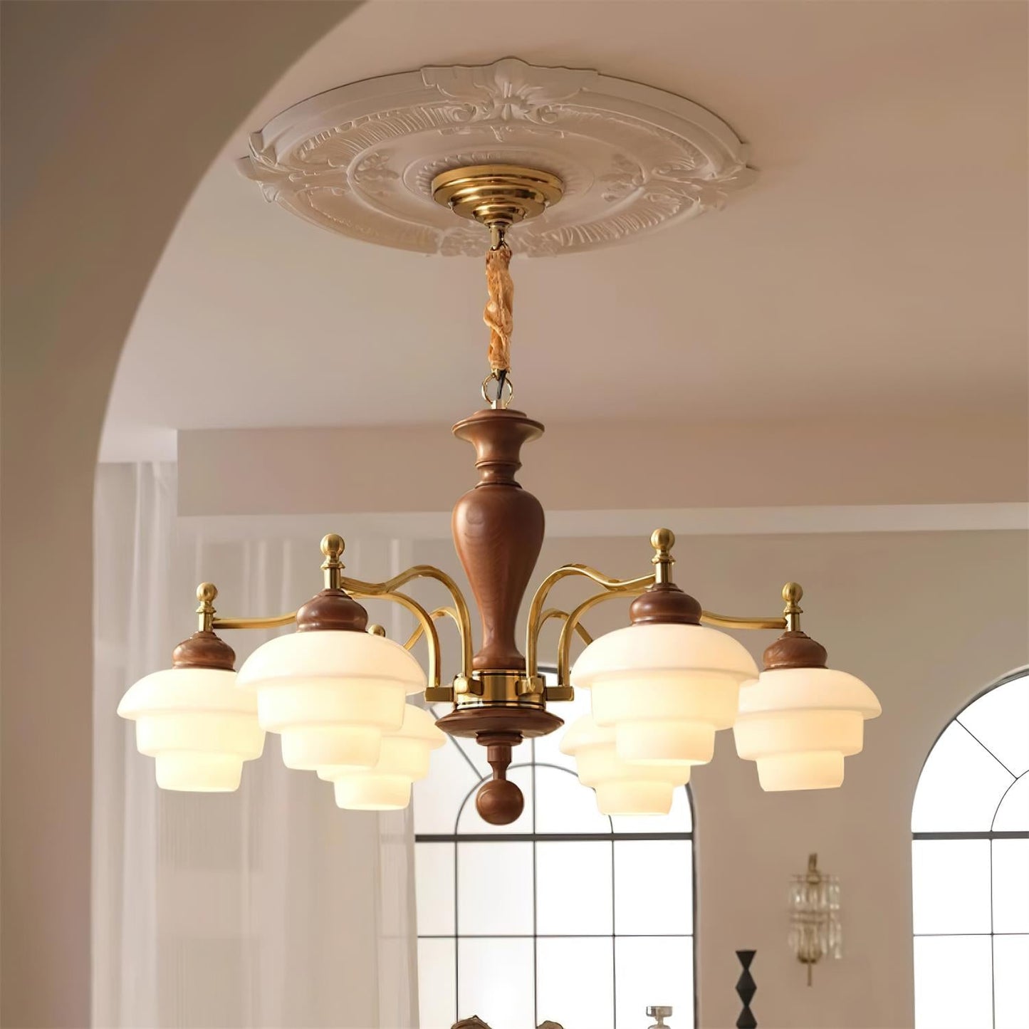 Camille Tiered Chandelier, Wood and Metal with Frosted Glass Shades