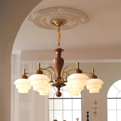 Camille Tiered Chandelier, Wood and Metal with Frosted Glass Shades