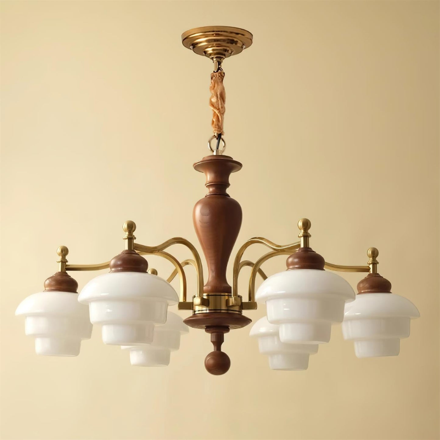 Camille Tiered Chandelier, Wood and Metal with Frosted Glass Shades