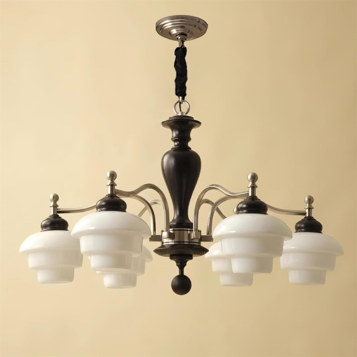 Camille Tiered Chandelier, Wood and Metal with Frosted Glass Shades