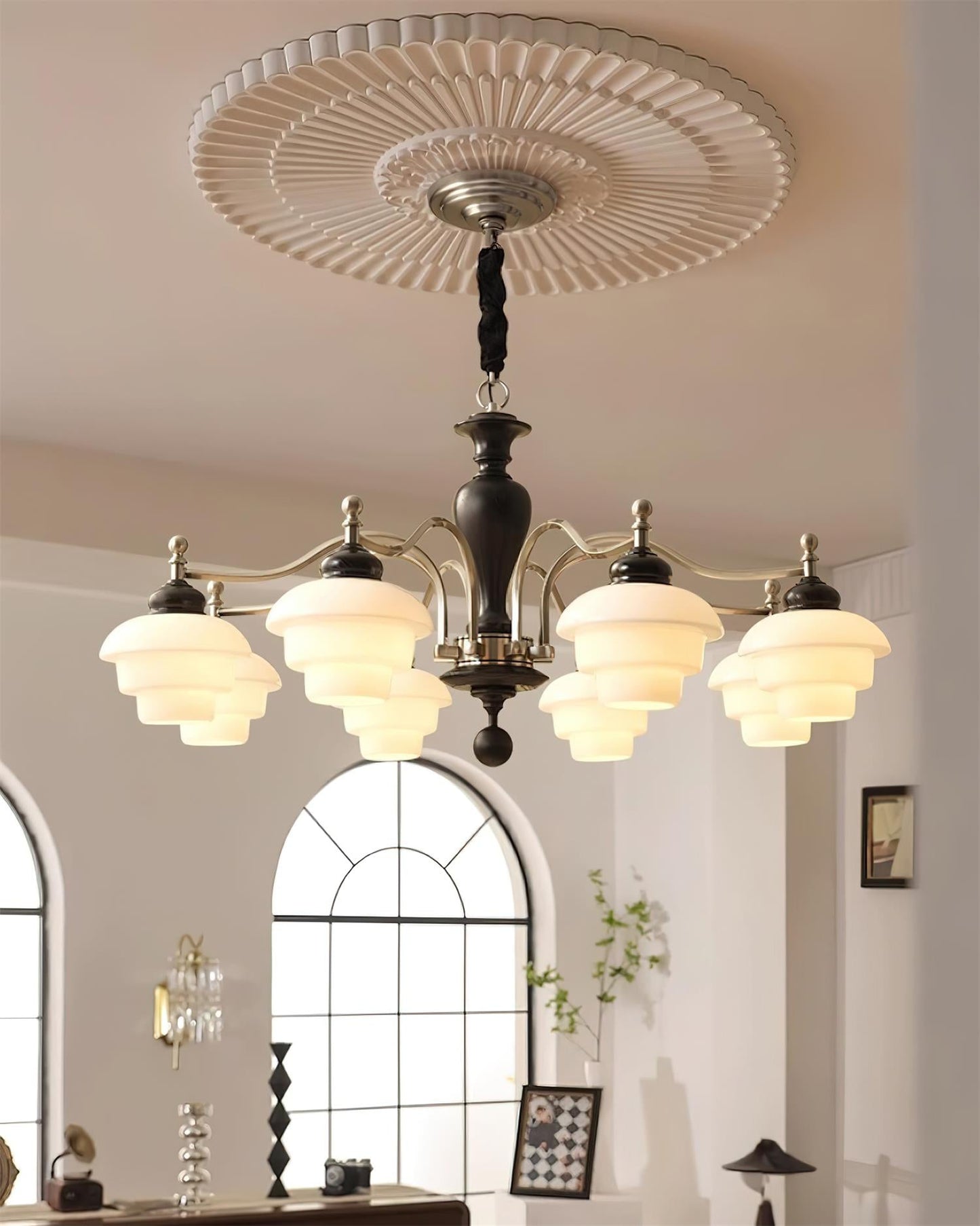 Camille Tiered Chandelier, Wood and Metal with Frosted Glass Shades