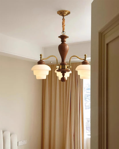 Camille Tiered Chandelier, Wood and Metal with Frosted Glass Shades