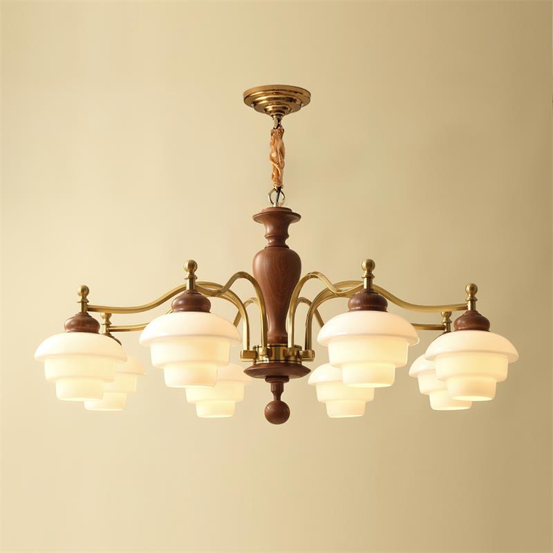 Camille Tiered Chandelier, Wood and Metal with Frosted Glass Shades