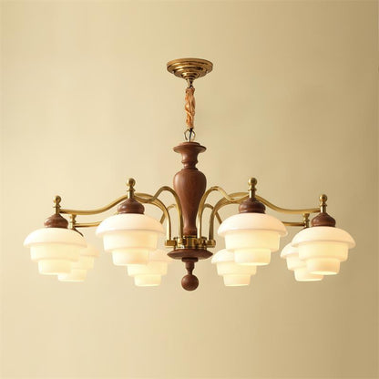 Camille Tiered Chandelier, Wood and Metal with Frosted Glass Shades