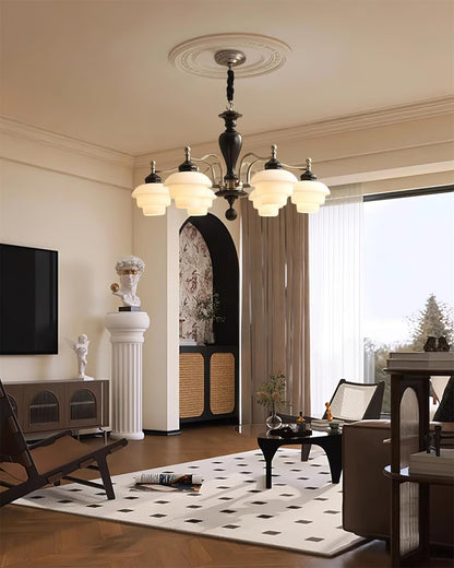 Camille Tiered Chandelier, Wood and Metal with Frosted Glass Shades
