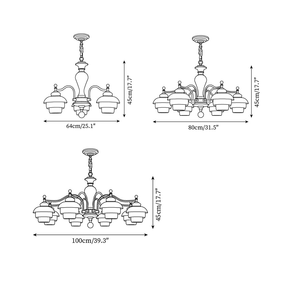 Camille Tiered Chandelier, Wood and Metal with Frosted Glass Shades