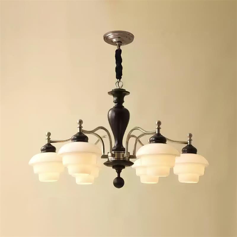 Camille Tiered Chandelier, Wood and Metal with Frosted Glass Shades