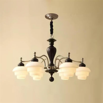 Camille Tiered Chandelier, Wood and Metal with Frosted Glass Shades