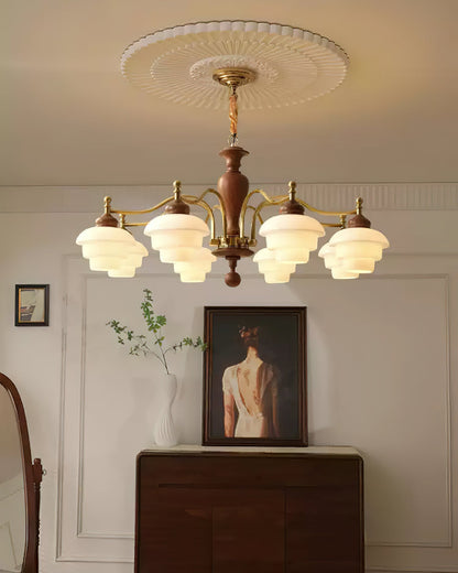 Camille Tiered Chandelier, Wood and Metal with Frosted Glass Shades