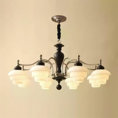Camille Tiered Chandelier, Wood and Metal with Frosted Glass Shades