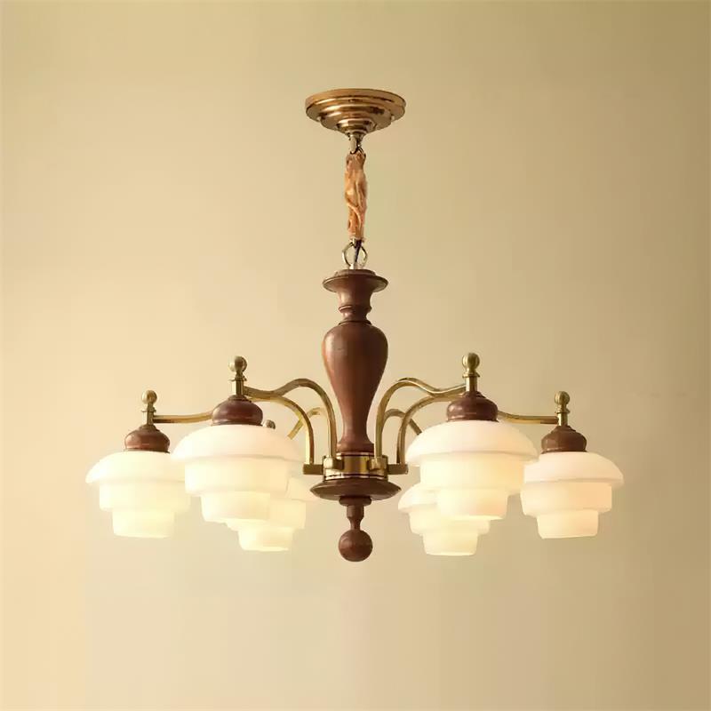 Camille Tiered Chandelier, Wood and Metal with Frosted Glass Shades