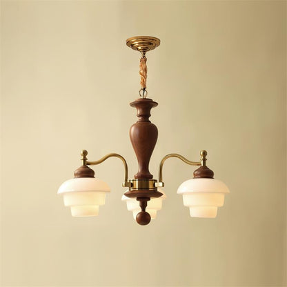 Camille Tiered Chandelier, Wood and Metal with Frosted Glass Shades