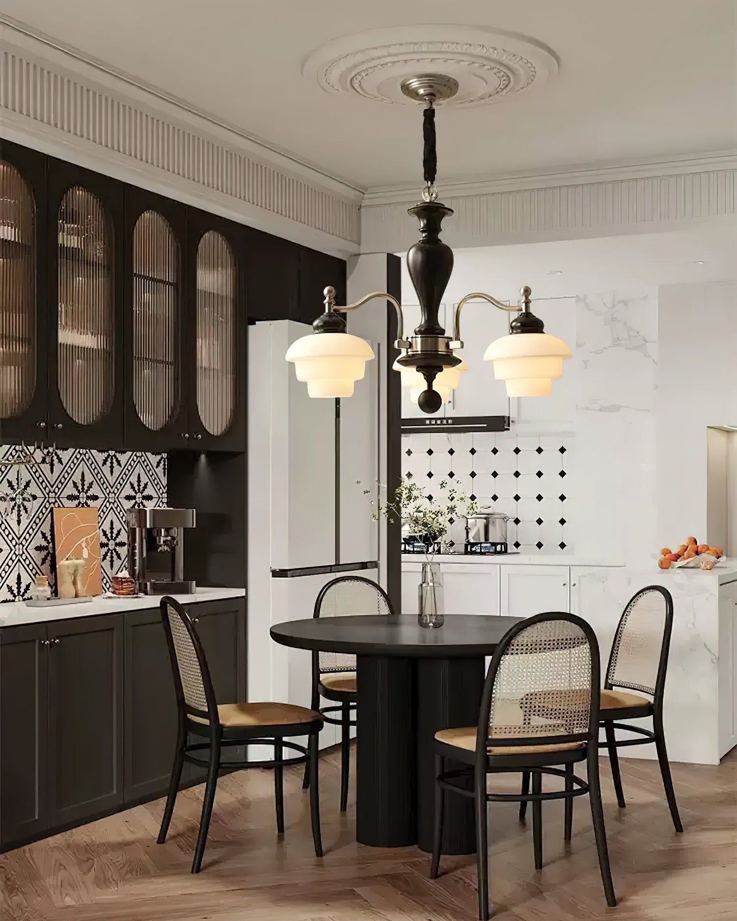 Camille Tiered Chandelier, Wood and Metal with Frosted Glass Shades
